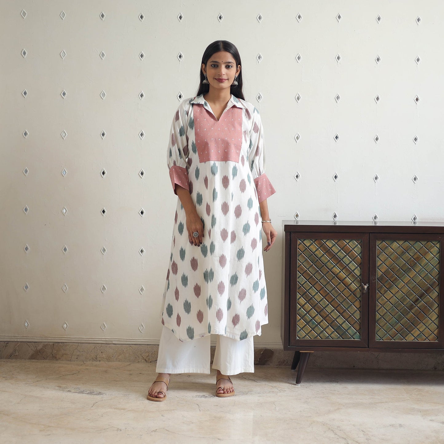 White Cotton Pochampally Ikat Kurta for Women