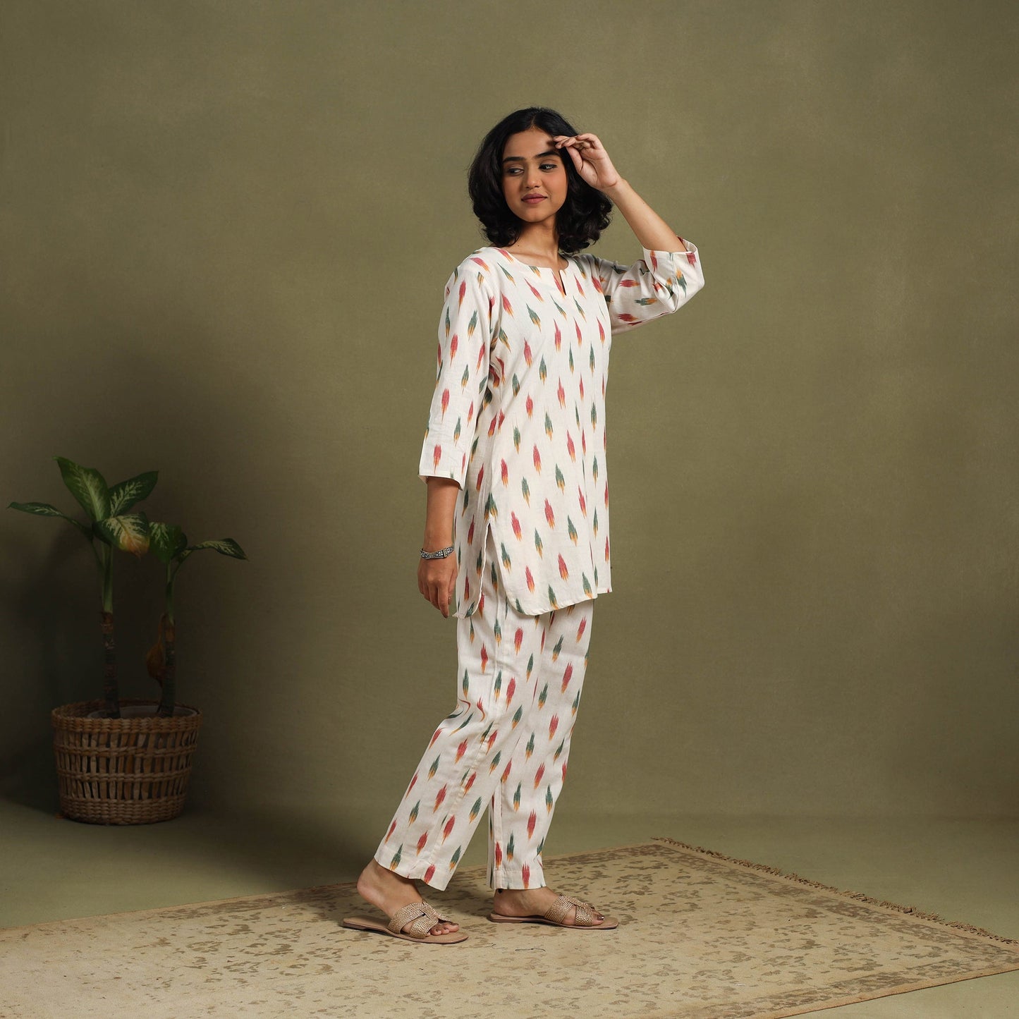 White Cotton Pochampally Ikat Night Suit Set