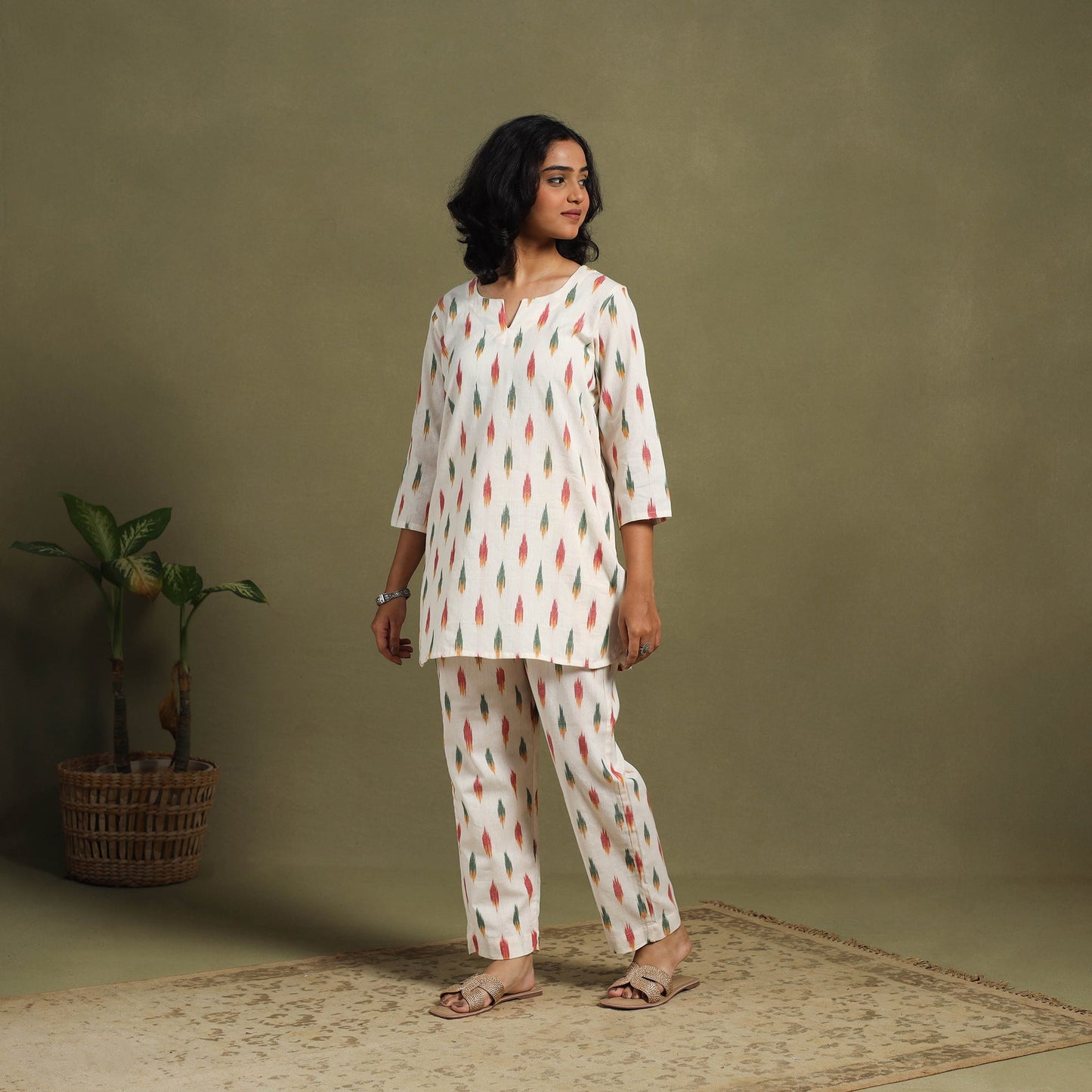 White Cotton Pochampally Ikat Night Suit Set