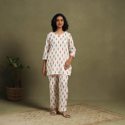 White Cotton Pochampally Ikat Night Suit Set