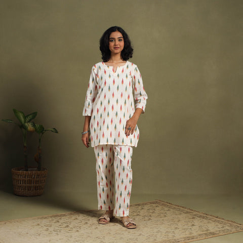 White Cotton Pochampally Ikat Night Suit Set