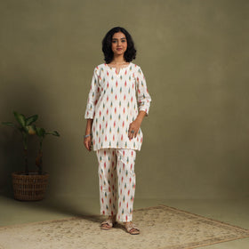 White Cotton Pochampally Ikat Night Suit Set