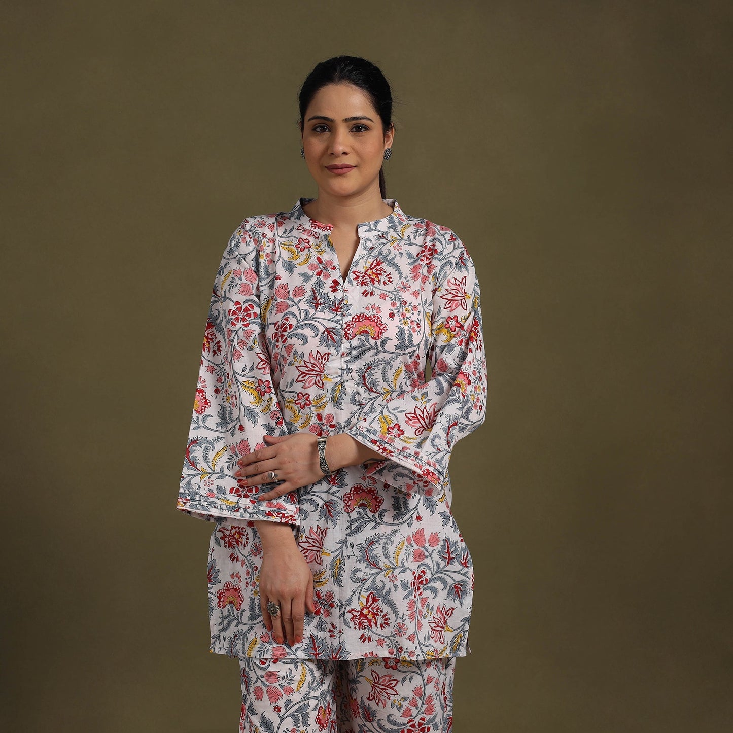 White - cotton sanganeri co-ord set 07 - handcrafted