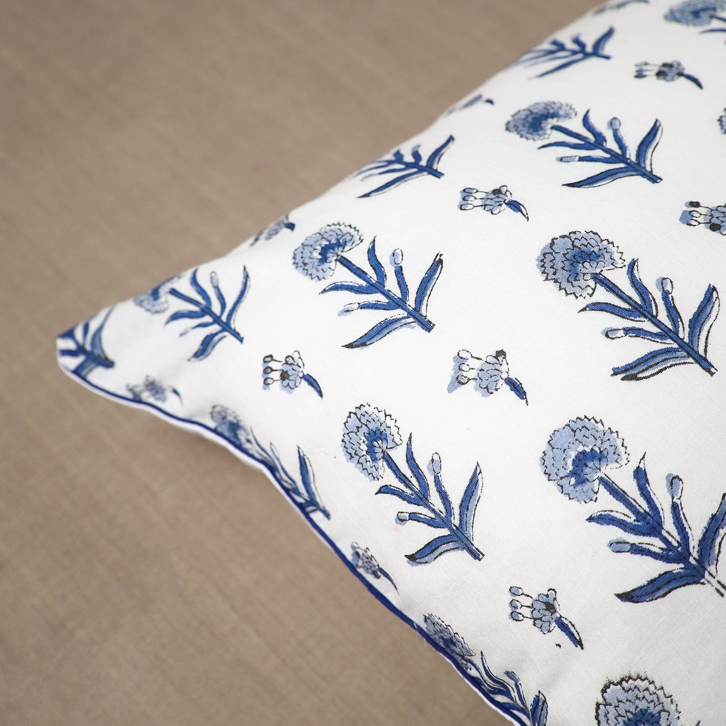 White Block Print Cotton Sanganeri Cushion Cover