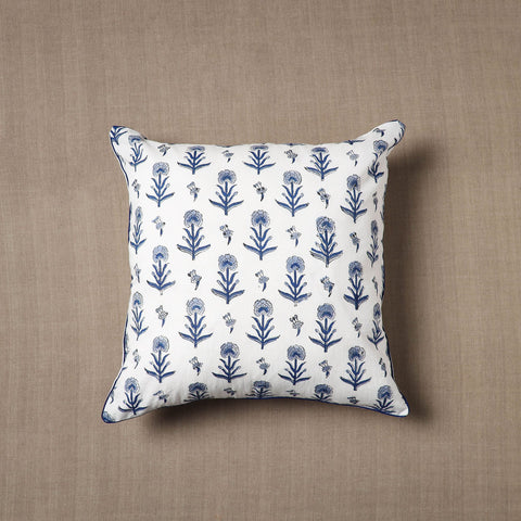 White Block Print Cotton Sanganeri Cushion Cover