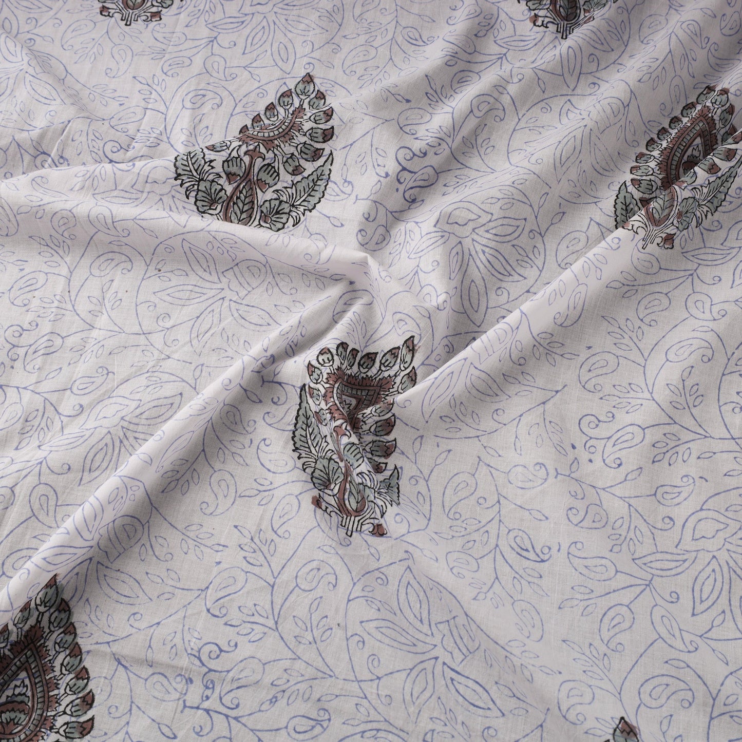 White Block Print Cotton Sanganeri Fabric