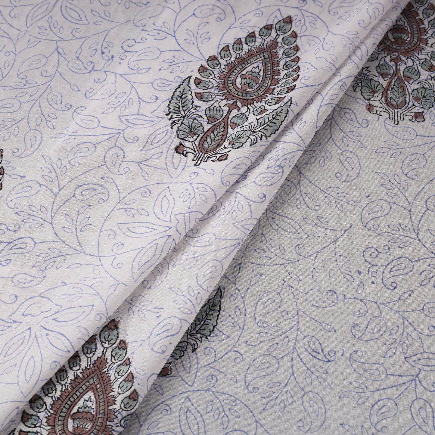 White Block Print Cotton Sanganeri Fabric
