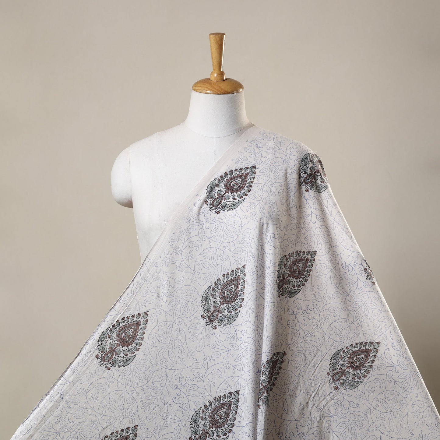 White Block Print Cotton Sanganeri Fabric