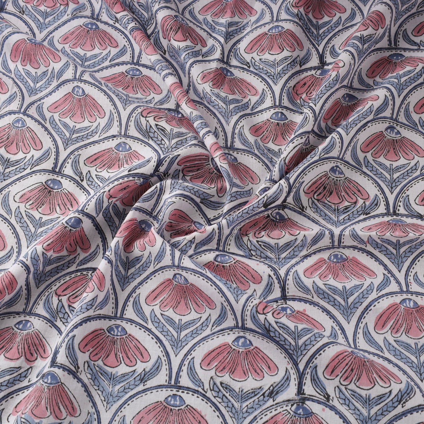 White Block Print Cotton Sanganeri Fabric