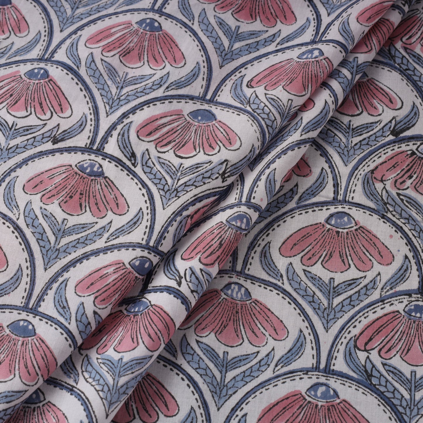 White Block Print Cotton Sanganeri Fabric
