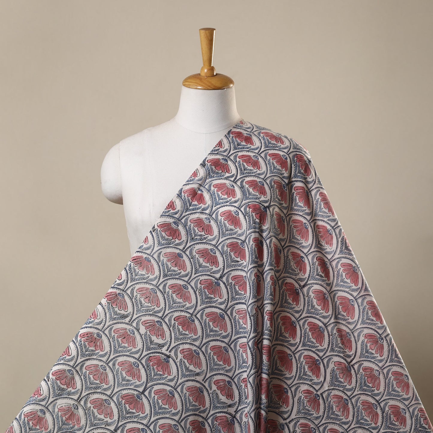 White Block Print Cotton Sanganeri Fabric