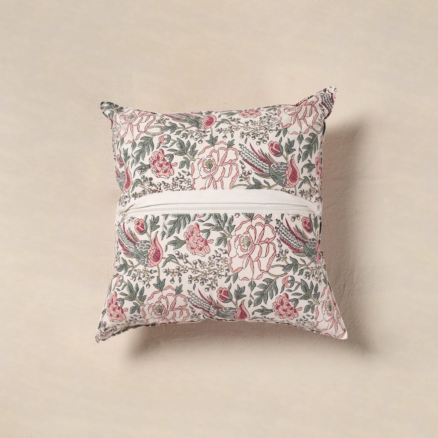 White - cotton sanganeri floral cushion cover (16 x 16 in)