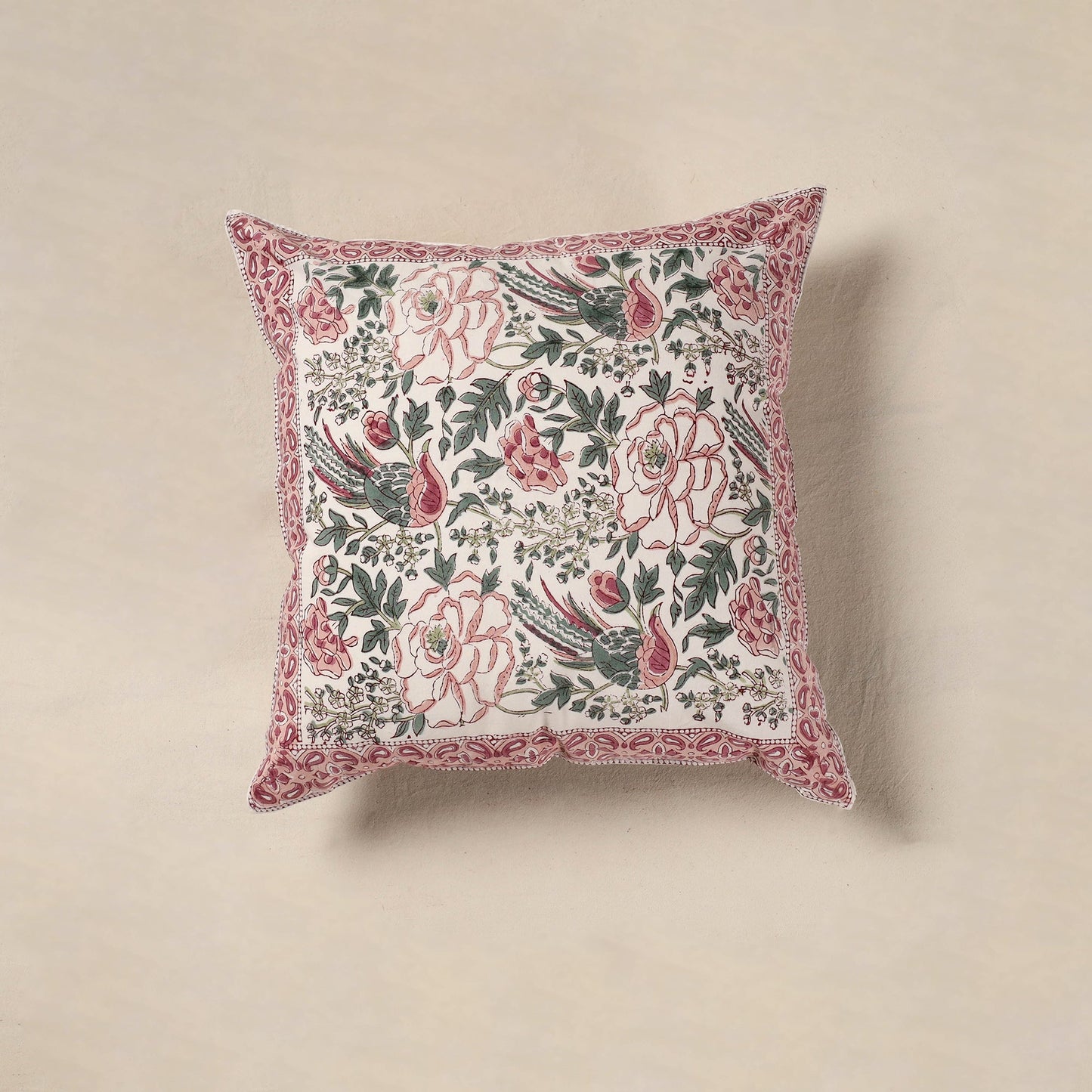 White - cotton sanganeri floral cushion cover (16 x 16 in)
