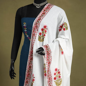 White Block Print Cotton Sanganeri Floral Dupatta