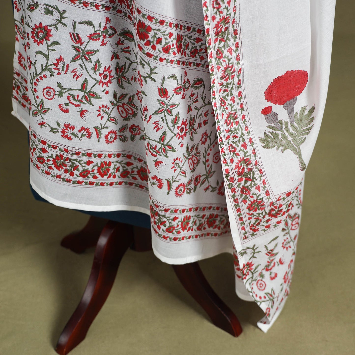White Block Print Cotton Sanganeri Floral Dupatta