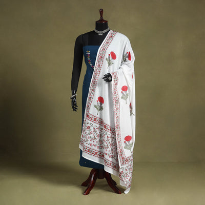 White Block Print Cotton Sanganeri Floral Dupatta