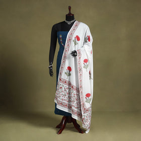 White Block Print Cotton Sanganeri Floral Dupatta