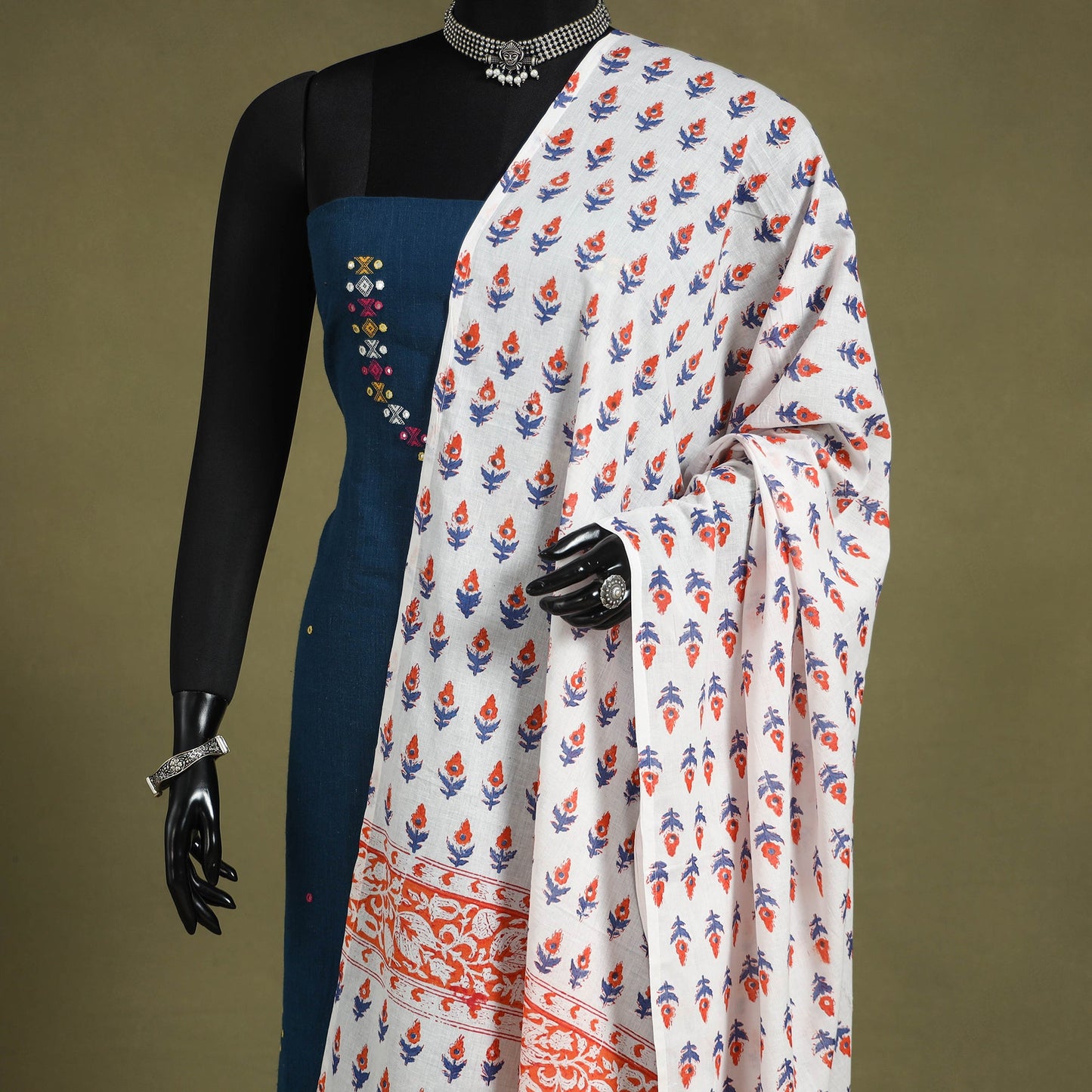 White - cotton sanganeri floral dupatta 09 - handcrafted