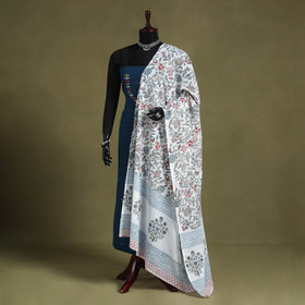 White Block Print Cotton Sanganeri Floral Dupatta