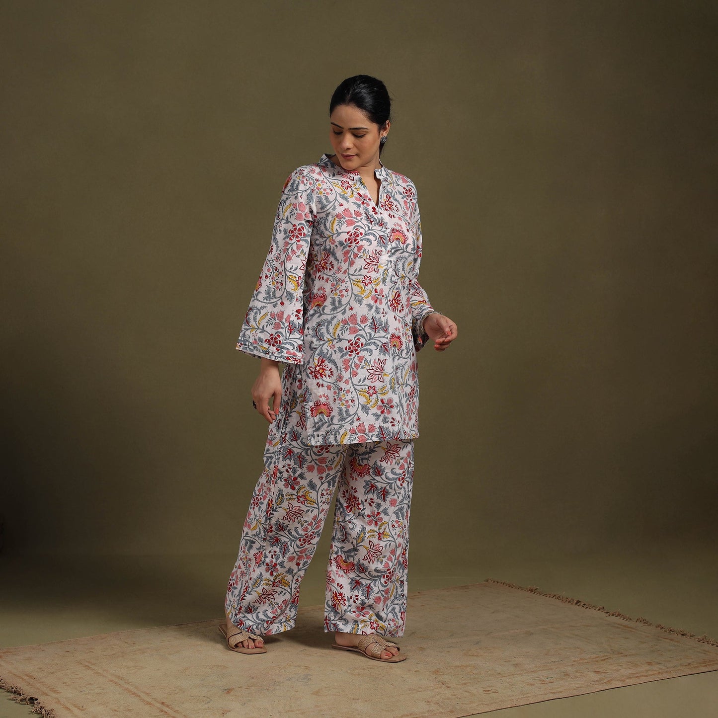 White - cotton sanganeri co-ord set 07 - handcrafted