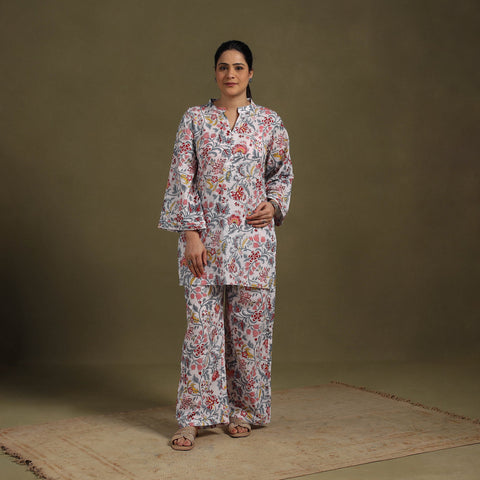 White - cotton sanganeri co-ord set 07 - handcrafted