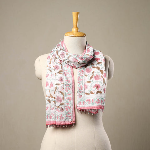 Buy White Block Print Cotton Sanganeri Stole with Beadwork