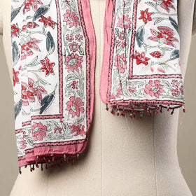 White Block Print Cotton Sanganeri Stole with Beadwork