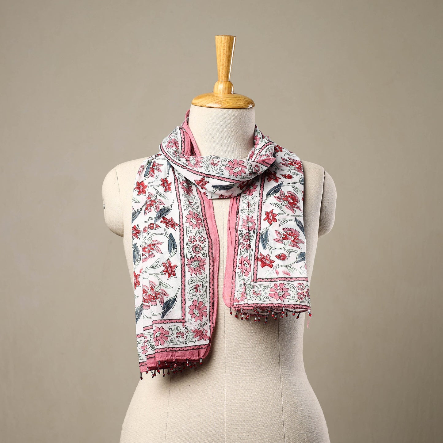 White Block Print Cotton Sanganeri Stole with Beadwork