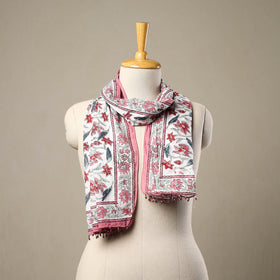 White Block Print Cotton Sanganeri Stole with Beadwork