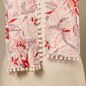White Block Print Cotton Sanganeri Stole with Pom Pom