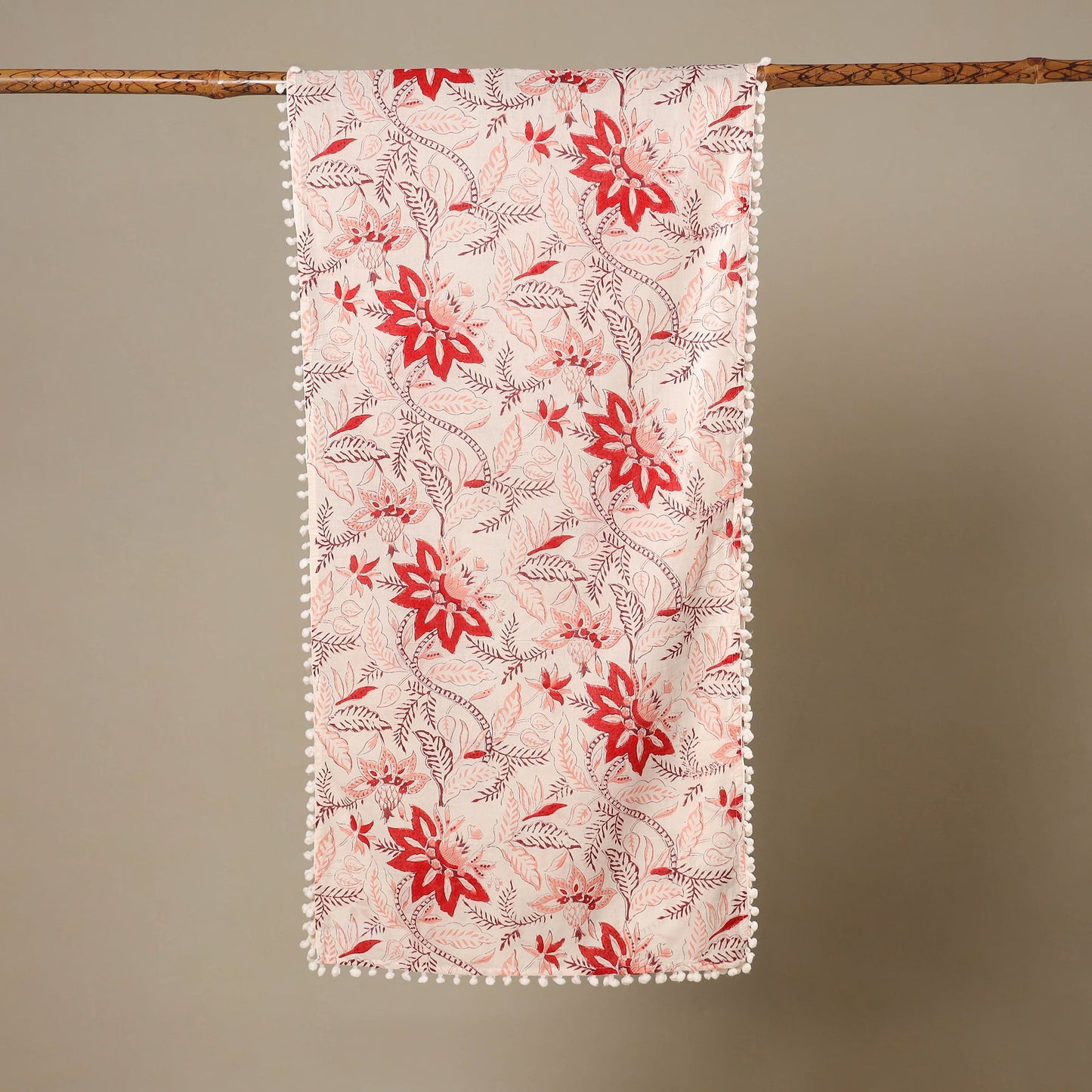 White Block Print Cotton Sanganeri Stole with Pom Pom