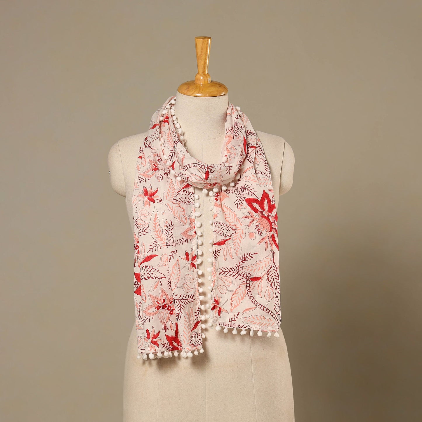 White Block Print Cotton Sanganeri Stole with Pom Pom