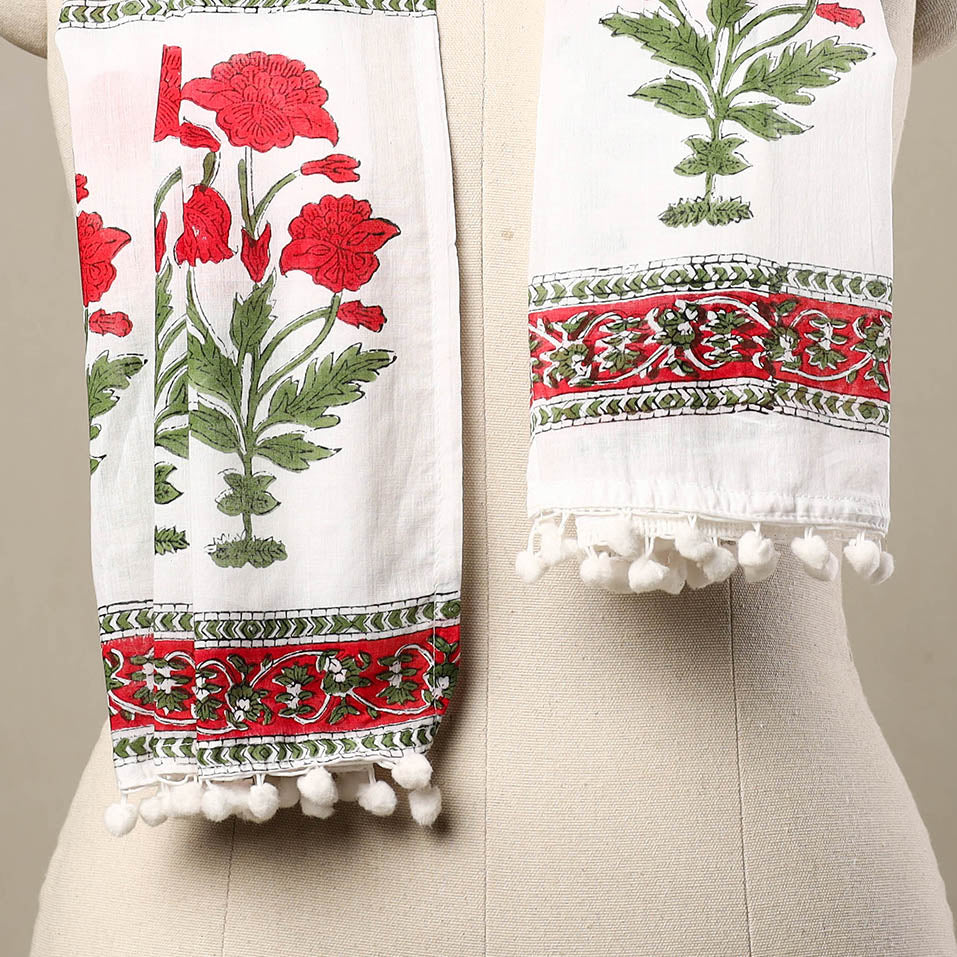 White - cotton sanganeri stole with pom 23 - handcrafted