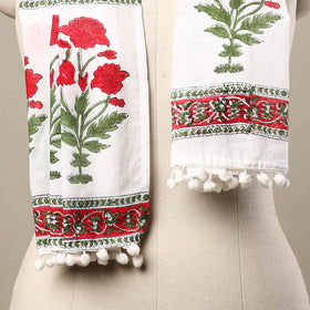 White - cotton sanganeri stole with pom 23 - handcrafted