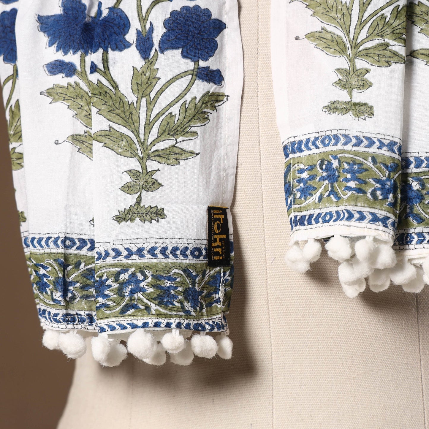 White - cotton sanganeri stole with pom 25 - handcrafted