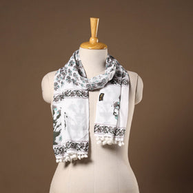 White - cotton sanganeri stole with pom 28 - handcrafted