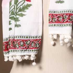 White - cotton sanganeri stole with pom 31 - handcrafted