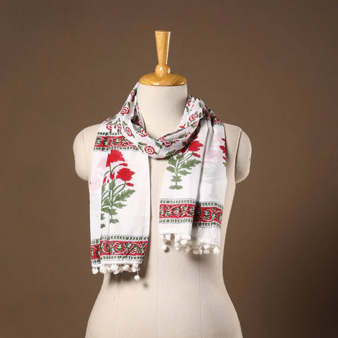 White - cotton sanganeri stole with pom 31 - handcrafted