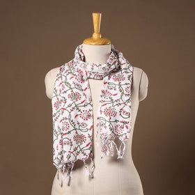 White - cotton sanganeri stole with tassels 01 - handcrafted