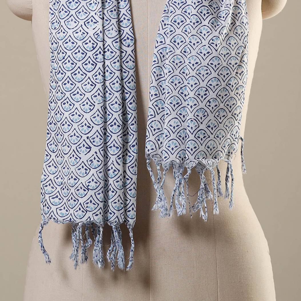 White Block Print Cotton Sanganeri Stole with Tassels