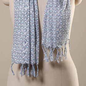 White Block Print Cotton Sanganeri Stole with Tassels