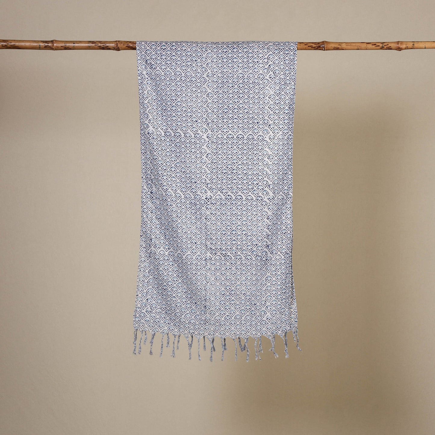 White Block Print Cotton Sanganeri Stole with Tassels
