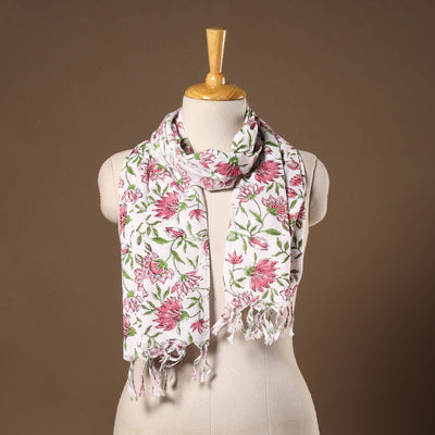 White - cotton sanganeri stole with tassels 05 - handcrafted