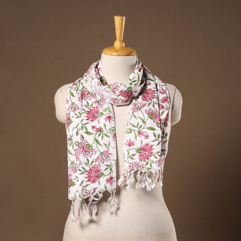 White - cotton sanganeri stole with tassels 05 - handcrafted