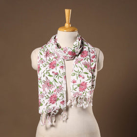 White - cotton sanganeri stole with tassels 05 - handcrafted