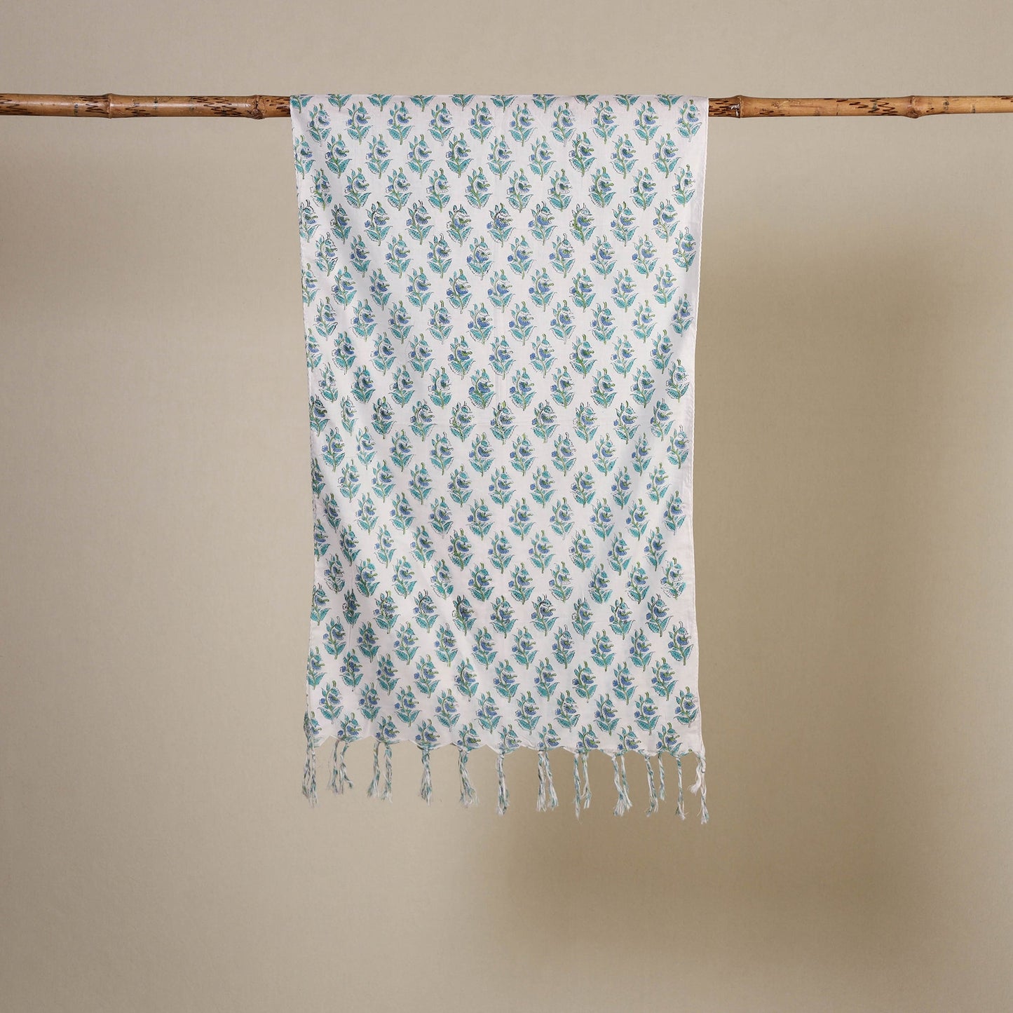 White Block Print Cotton Sanganeri Stole with Tassels