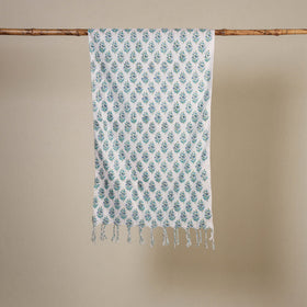 White Block Print Cotton Sanganeri Stole with Tassels