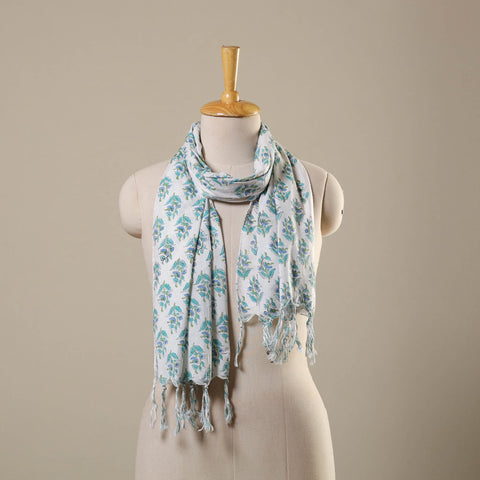 White Block Print Cotton Sanganeri Stole with Tassels