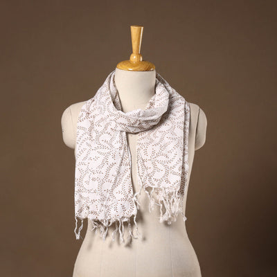 White - cotton sanganeri stole with tassels 08 - handcrafted