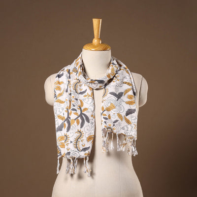 White - cotton sanganeri stole with tassels 09 - handcrafted